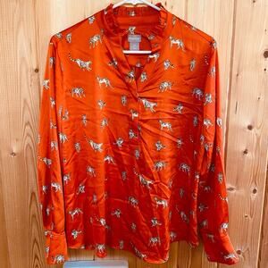 Chicos top Womens size 2 P= Large Petite Leopard animal Print Ruffle Neck Blouse